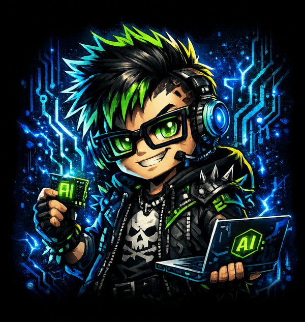 A stylized cyberpunk mascot with spiky green-tipped hair and glowing glasses, holding a glowing AI chip and a laptop